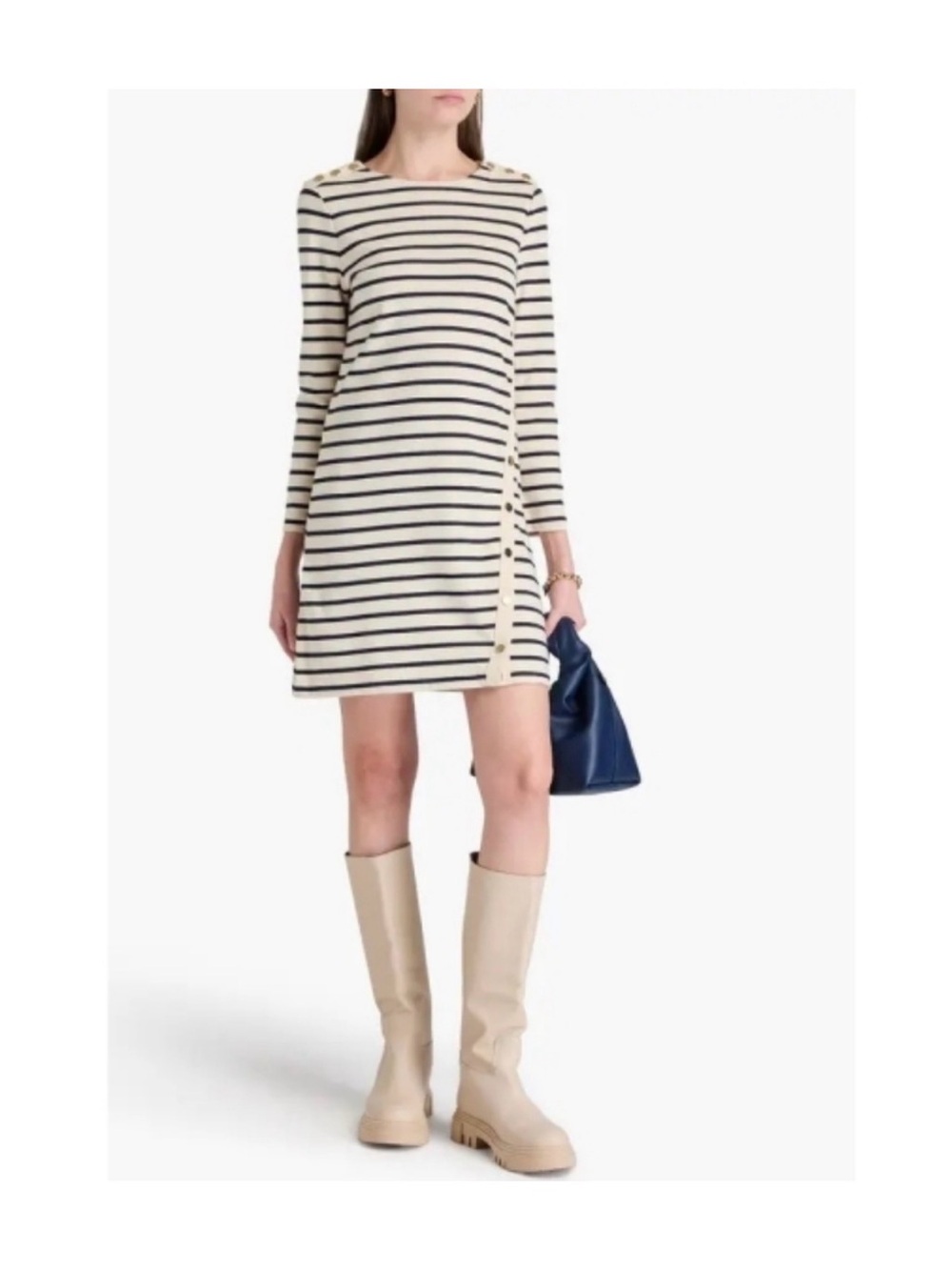 Veronica Beard 'Ruta' mini-dress Striped Button-Shoulder Tunic Marine Navy/Cream - Picture 9 of 12